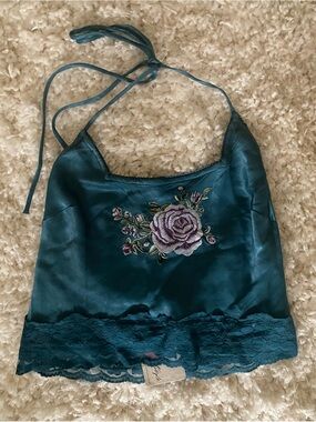 Free People Teal Satin Floral Embroidered Halter Top